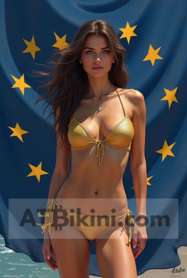 Alaska bikini woman Golden bikini woman in front of Alaska-like flag