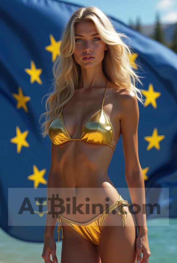 Alaska bikini woman Golden bikini woman in front of Alaska-like flag