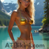 Alaska bikini woman Golden bikini woman in front of Alaska-like nature with mountains and glacier water