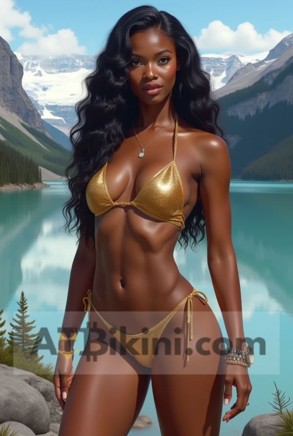 Alaska bikini woman Golden bikini woman in front of Alaska-like nature with mountains and glacier water