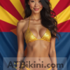Arizona woman in Golden Bikini in front of Arizona Sun flag lookalike