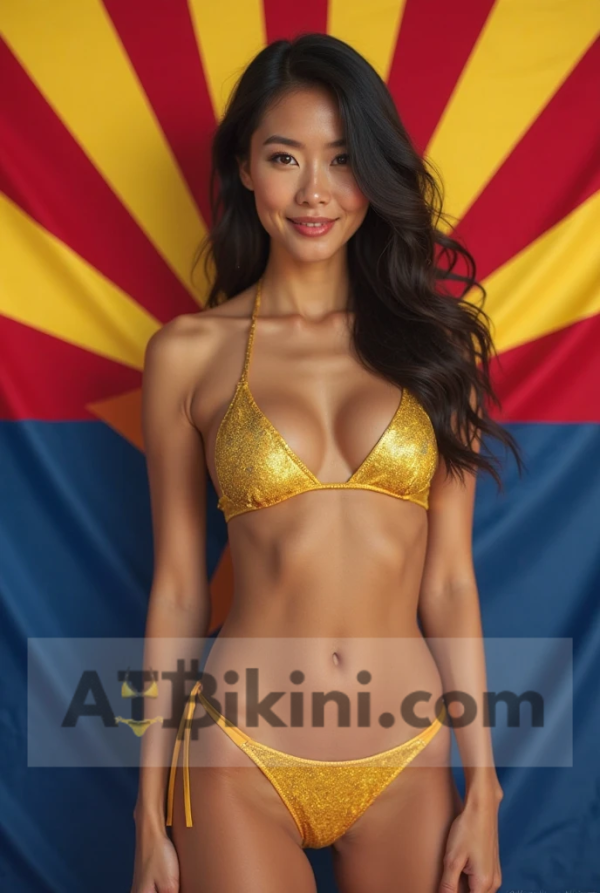 Arizona woman in Golden Bikini in front of Arizona Sun flag lookalike