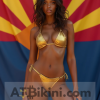 Arizona woman in Golden Bikini in front of Arizona Sun flag lookalike