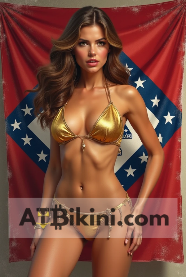Arkansas Bikini Woman in golden bikini with Arkansas flag