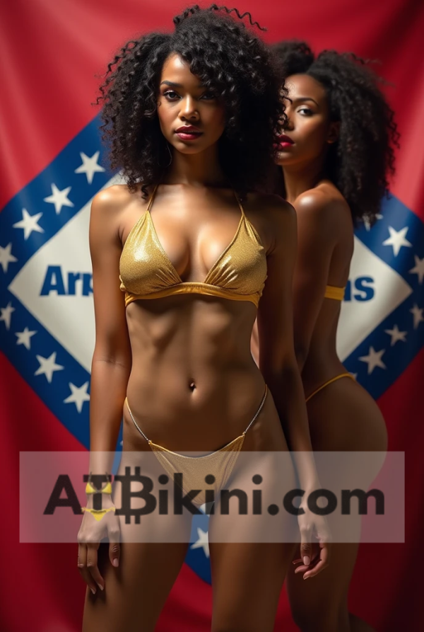 Arkansas Bikini Woman in golden bikini with Arkansas flag