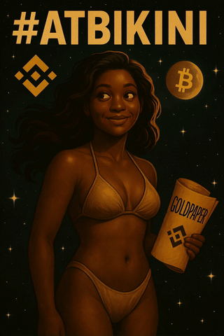 animated gif - woman in a golden bikini holding a copy of the Goldpaper