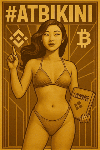animated gif - woman in a golden bikini holding a copy of the Goldpaper