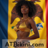 Iowa bikini contest woman in Golden bikini in front of Iowa state flag lookalike