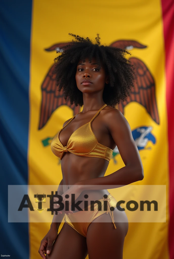 Iowa bikini contest woman in Golden bikini in front of Iowa state flag lookalike