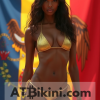 Iowa bikini contest woman in Golden bikini in front of Iowa state flag lookalike