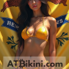 Iowa bikini contest woman in Golden bikini in front of Iowa state flag lookalike