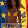 Iowa bikini contest woman in Golden bikini in front of Iowa state flag lookalike