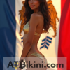 Iowa bikini contest woman in Golden bikini in front of Iowa state flag lookalike