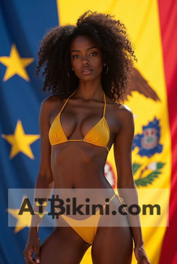 Iowa bikini contest woman in Golden bikini in front of Iowa state flag lookalike