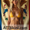 Iowa bikini contest woman in Golden bikini in front of Iowa state flag lookalike