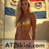 Iowa bikini contest woman in Golden bikini in front of Iowa state flag lookalike