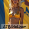 Iowa bikini contest woman in Golden bikini in front of Iowa state flag lookalike