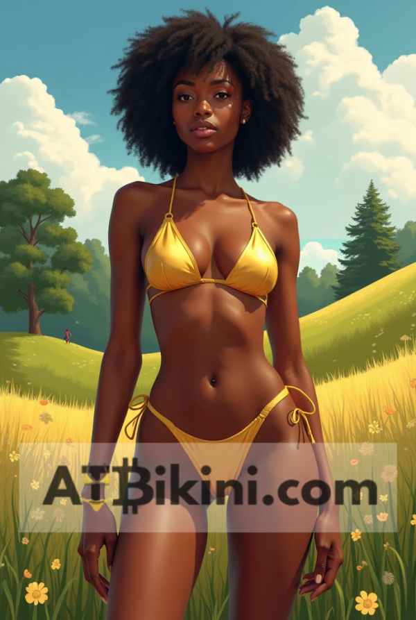 Iowa bikini contest, woman in Golden bikini in front of Iowa nature beauty