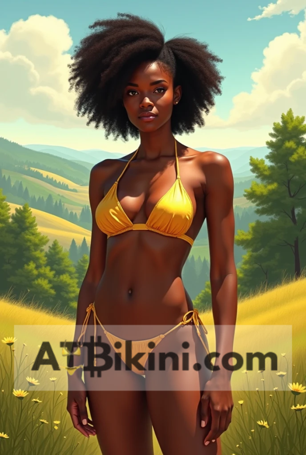 Iowa bikini contest, woman in Golden bikini in front of Iowa nature beauty