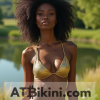 Iowa bikini contest, woman in Golden bikini in front of Iowa nature beauty