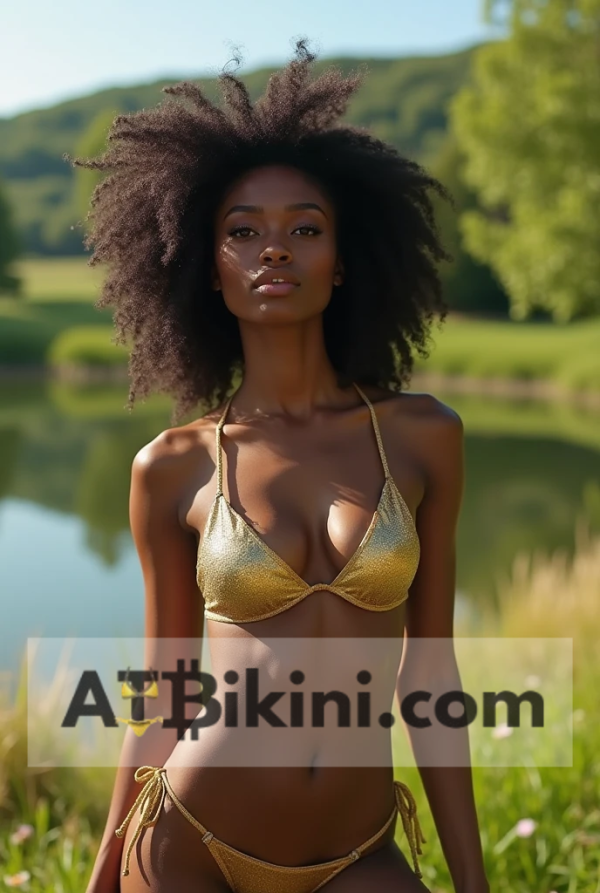 Iowa bikini contest, woman in Golden bikini in front of Iowa nature beauty