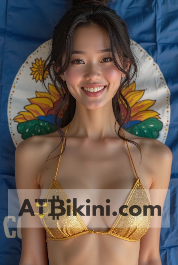 Kansas bikini contest woman in Golden bikini in front of Kansas state flag lookalike
