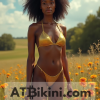 Kansas bikini contest, woman in Golden bikini in front of Kansas nature beauty