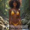 Maine golden bikini contest, woman in Golden bikini in front of Maine natural beauty