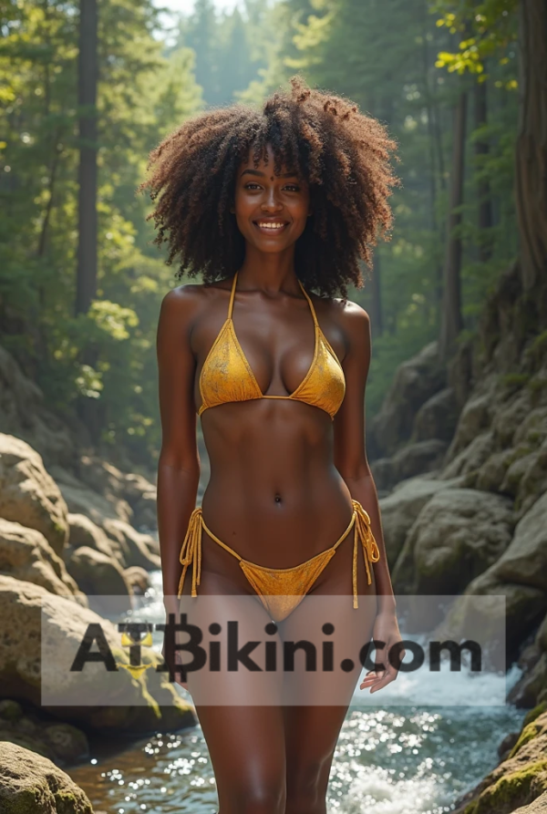 Maine golden bikini contest, woman in Golden bikini in front of Maine natural beauty
