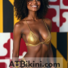 Maryland bikini contest woman in Golden bikini in front of Maryland state flag lookalike