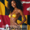 Maryland bikini contest woman in Golden bikini in front of Maryland state flag lookalike