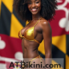Maryland bikini contest woman in Golden bikini in front of Maryland state flag lookalike