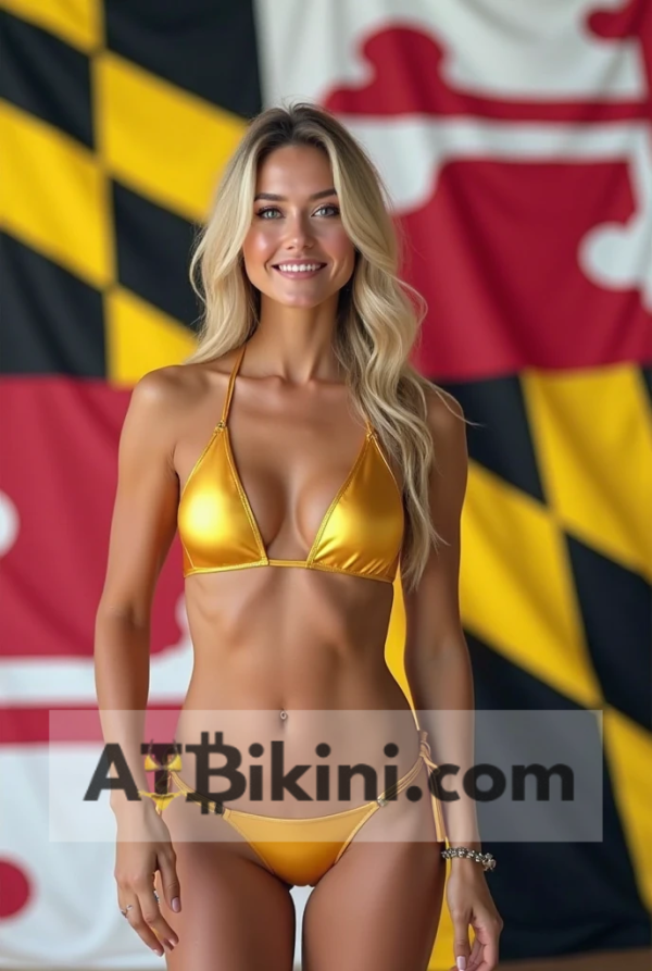 Maryland bikini contest woman in Golden bikini in front of Maryland state flag lookalike