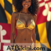 Maryland bikini contest woman in Golden bikini in front of Maryland state flag lookalike