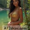 Michigan bikini contest woman in Golden bikini in front of Michigan state flag lookalike