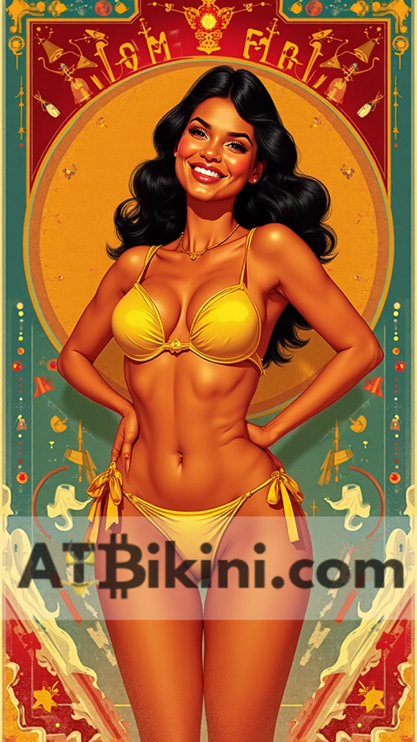 brunei pinup poster. Brunei woman in golden bikini