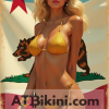Beautiful California bikini woman in golden bikini in front of lookalike California flag