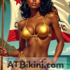 Beautiful California bikini woman in golden bikini in front of lookalike California flag