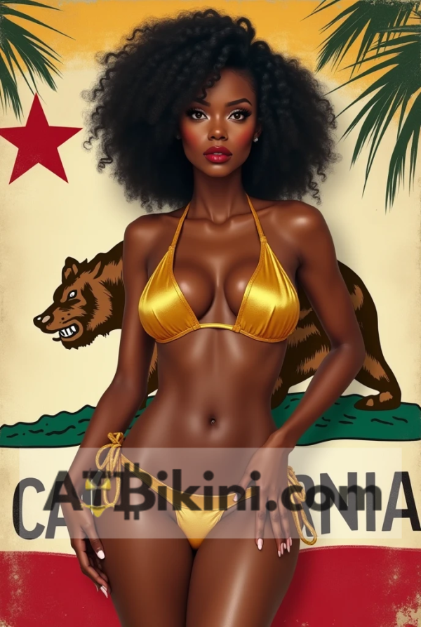 Beautiful California bikini woman in golden bikini in front of lookalike California flag