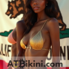 Beautiful California bikini woman in golden bikini in front of lookalike California flag