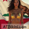 Beautiful California bikini woman in golden bikini in front of lookalike California flag