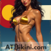 Colorado bikini woman in golden bikini in front of Colorado state flag