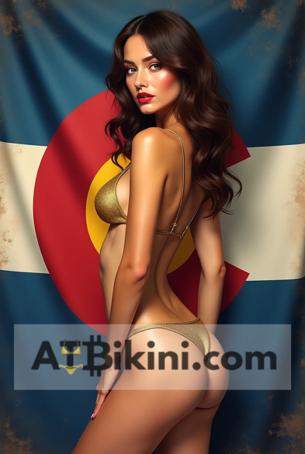 Colorado bikini woman in golden bikini in front of Colorado state flag