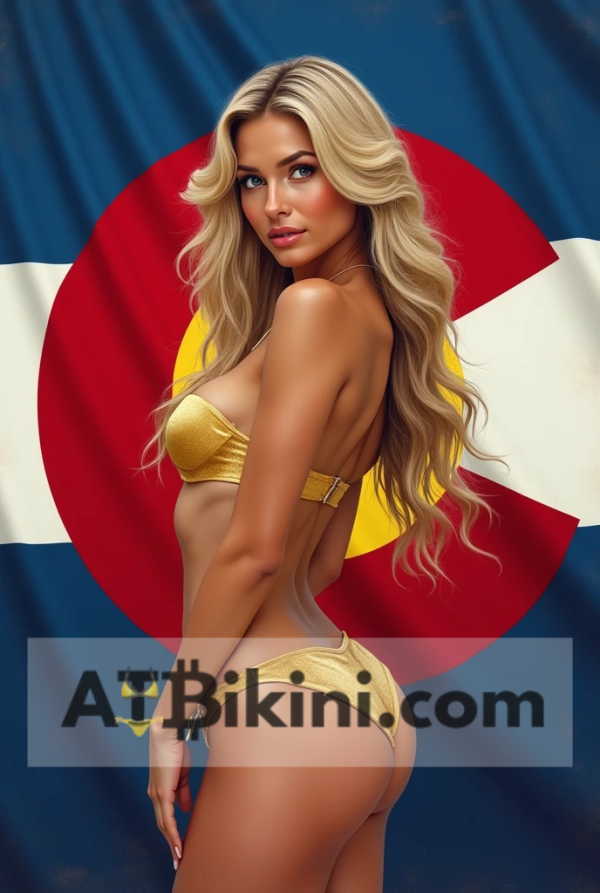 Colorado bikini woman in golden bikini in front of Colorado state flag