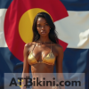 Colorado bikini woman in golden bikini in front of Colorado state flag