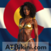Colorado bikini woman in golden bikini in front of Colorado state flag