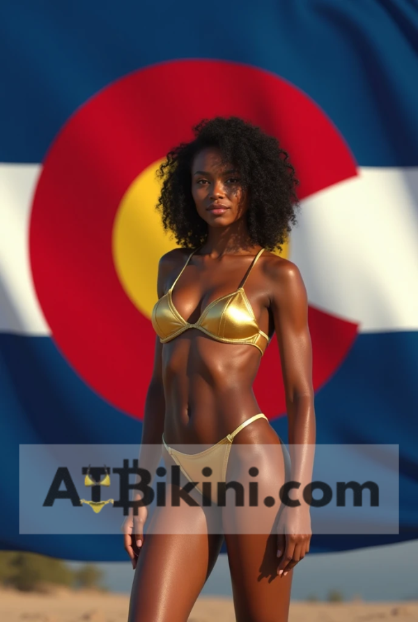 Colorado bikini woman in golden bikini in front of Colorado state flag
