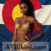 Colorado bikini woman in golden bikini in front of Colorado state flag