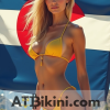 Colorado bikini woman in golden bikini in front of Colorado state flag