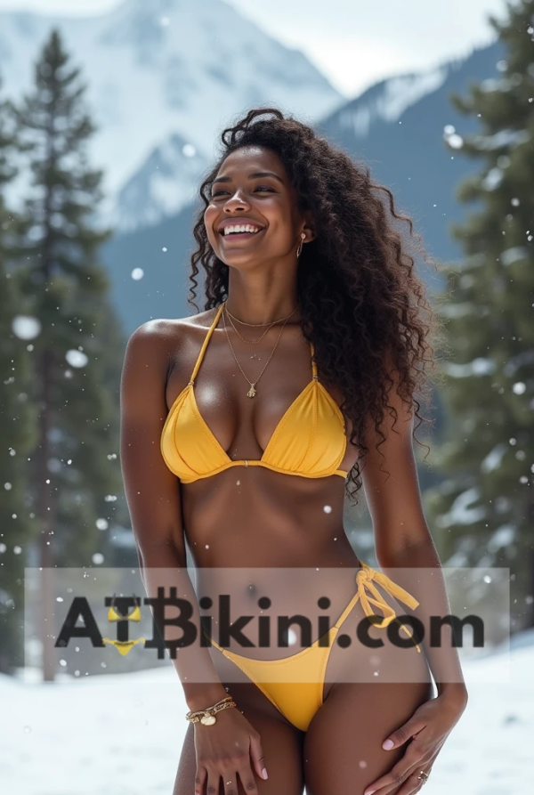 Colorado bikini woman in golden bikini in front of Colorado mountain nature scene